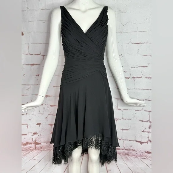 TADASHI S Petite Black Chiffon Pin Tucked Hi Lo Ruched Cocktail Party Dress - Picture 7 of 15